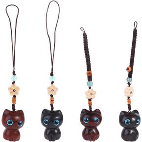 4 Pieces Sandalwood Keychain Hand-woven Lucky Cat Pendant for Car Key Decoration, Cute Mobile Phone Pendant(Ebony Phone Chain/Rosewood Phone Chain/Ebony Key Chain/Rosewood Key Chain)