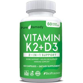 Pure Remedy Vitamin K2 D3 Supplement with Calcium & Bioperine, Vitamin K2 MK7 100mcg Vitamin D3 5000 iu, Immune System, Strong Bones & Teeth 4-in-1 Support 60 Veggie Softgels -Made in USA