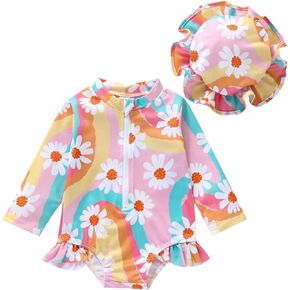 Baby Girls Long Sleeve One Piece Swimsuit Zipper Bathing Suit Toddler Infant Rash Guard Swimwear with Sun Hat Set