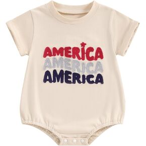 KOSUSANILL 4th of July Baby Girl Boy Outfit Short Sleeve USA/American Flag Bubble Romper Bodysuit Independence Day Clothes