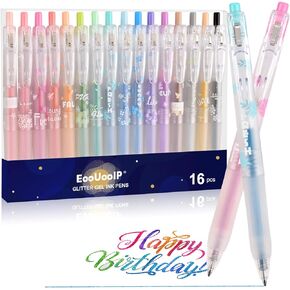 EooUooIP Glitter Gel Pens,Gel Ink Pens,Color Gel Pens Fine Point,16 Pieces Retractable Rolling Ball Pens Quick-Drying Ink 0.5 MM Gel Pens for Colouring Books Doodling Drawing