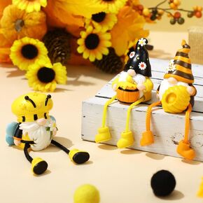 3 Pcs Bee Gnomes Figurines Table Decorations Bee World Bee Day Sitter with Dangling Legs Spring Resin Gnome Figurines for Honey Bee Decorations Holiday Ornaments Tiered Tray