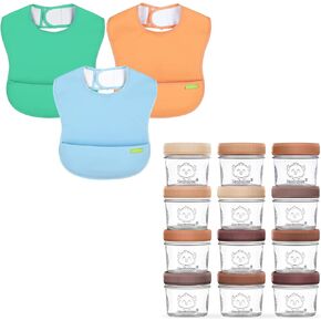 KeaBabies 3-Pack Waterproof Baby Bibs for Eating 12-Pack Baby Food Containers - Lightweight Baby Bib with Food Catcher - 4 oz Glass Food Jars