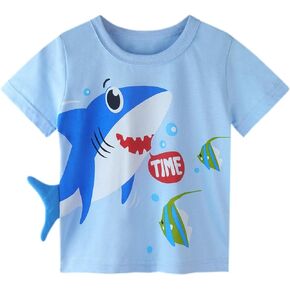 Toddler Little Boys Elephant Lion Shark Printed Cotton Crewneck Pullover Summer Short Sleeved T-Shirt