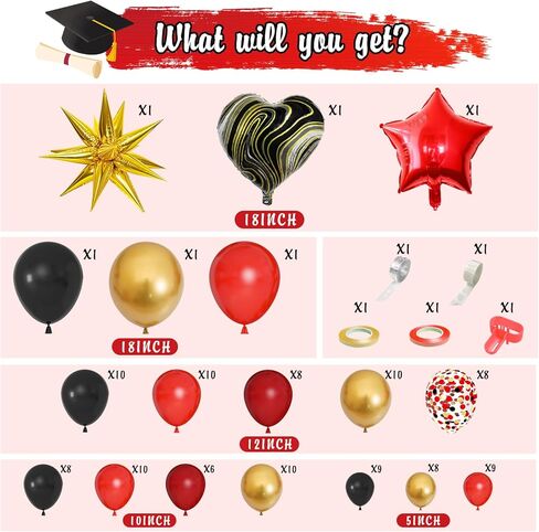 مجموعة قوس بالونات من Ouddy Life باللون الأحمر والأسود والذهبي، 117 قطعة من بالونات رخامية على شكل نجمة ونجمة وقلب من الذهب الأسود والأحمر للتخرج وأعياد الميلاد وحفلات الزفاف وحفلات كازينو هوليوود in Kuwait
