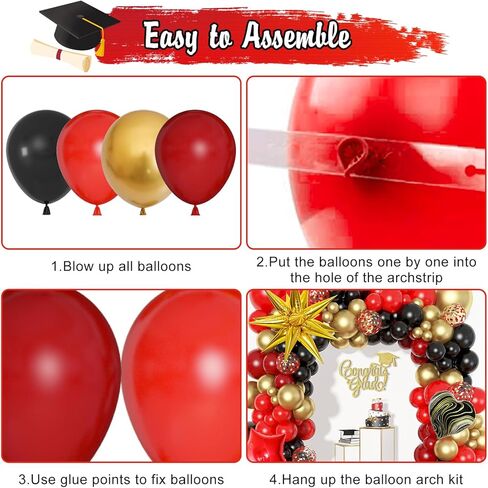مجموعة قوس بالونات من Ouddy Life باللون الأحمر والأسود والذهبي، 117 قطعة من بالونات رخامية على شكل نجمة ونجمة وقلب من الذهب الأسود والأحمر للتخرج وأعياد الميلاد وحفلات الزفاف وحفلات كازينو هوليوود in Kuwait