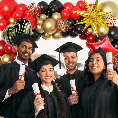 مجموعة قوس بالونات من Ouddy Life باللون الأحمر والأسود والذهبي، 117 قطعة من بالونات رخامية على شكل نجمة ونجمة وقلب من الذهب الأسود والأحمر للتخرج وأعياد الميلاد وحفلات الزفاف وحفلات كازينو هوليوود in Kuwait