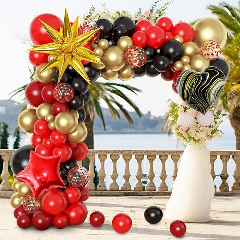مجموعة قوس بالونات من Ouddy Life باللون الأحمر والأسود والذهبي، 117 قطعة من بالونات رخامية على شكل نجمة ونجمة وقلب من الذهب الأسود والأحمر للتخرج وأعياد الميلاد وحفلات الزفاف وحفلات كازينو هوليوود in Kuwait