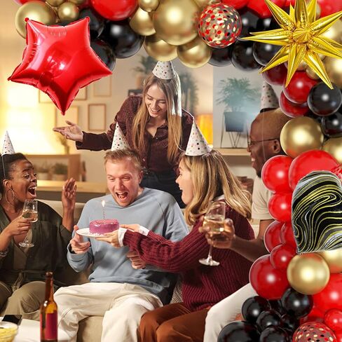 مجموعة قوس بالونات من Ouddy Life باللون الأحمر والأسود والذهبي، 117 قطعة من بالونات رخامية على شكل نجمة ونجمة وقلب من الذهب الأسود والأحمر للتخرج وأعياد الميلاد وحفلات الزفاف وحفلات كازينو هوليوود in Kuwait