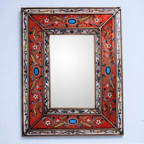 NOVICA Floral Glass and Wood Wall Mounted Mirror, Orange, Orange Cajamarca Warmth', Red in Saudi Arabia