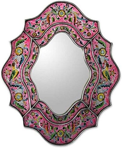 NOVICA Floral Glass and Wood Wall Mounted Mirror, Orange, Orange Cajamarca Warmth', Red in Saudi Arabia