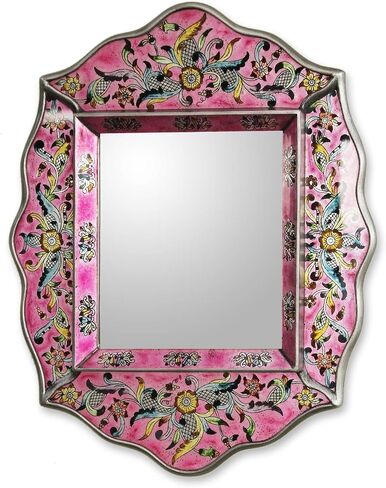 NOVICA Floral Glass and Wood Wall Mounted Mirror, Orange, Orange Cajamarca Warmth', Red in Saudi Arabia