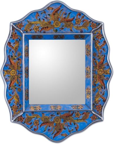 NOVICA Floral Glass and Wood Wall Mounted Mirror, Orange, Orange Cajamarca Warmth', Red in Saudi Arabia
