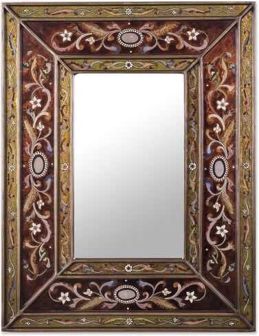 NOVICA Floral Glass and Wood Wall Mounted Mirror, Orange, Orange Cajamarca Warmth', Red in Saudi Arabia