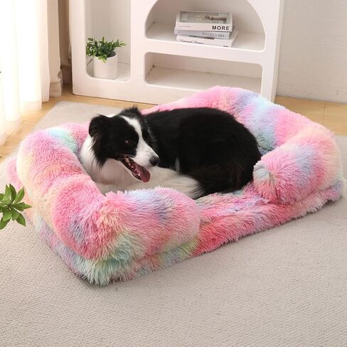 MIAO PAW Warming Fluffy Orthopedic Dog Beds for Large Dogs,Dog Bed with Plush Thick Egg Foam Support and Non-Slip Bottom,Large Waterproof and Machine Washable Pet Bed Cover (Rainbow) in Kuwait