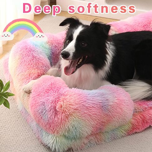 MIAO PAW Warming Fluffy Orthopedic Dog Beds for Large Dogs,Dog Bed with Plush Thick Egg Foam Support and Non-Slip Bottom,Large Waterproof and Machine Washable Pet Bed Cover (Rainbow) in Kuwait