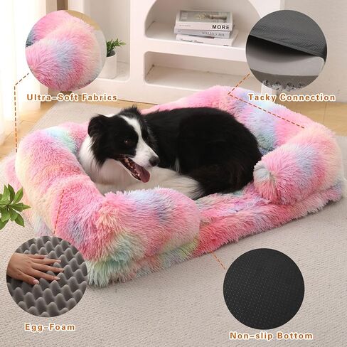 MIAO PAW Warming Fluffy Orthopedic Dog Beds for Large Dogs,Dog Bed with Plush Thick Egg Foam Support and Non-Slip Bottom,Large Waterproof and Machine Washable Pet Bed Cover (Rainbow) in Kuwait