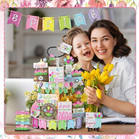 36 Pcs Easter Tiered Tray Decor Hello Spring Flower Gnome Truck Fresh Style Wooden Centerpiece Table Decor with LED String Pre Lift Lights Easter Wood Sign for Home Farmhouse Rustic Decoration in Saudi Arabia