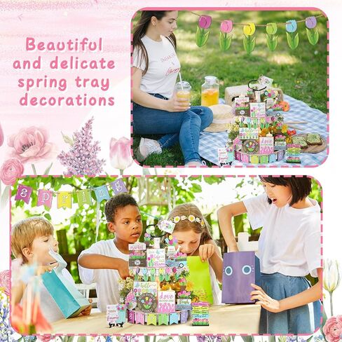 36 Pcs Easter Tiered Tray Decor Hello Spring Flower Gnome Truck Fresh Style Wooden Centerpiece Table Decor with LED String Pre Lift Lights Easter Wood Sign for Home Farmhouse Rustic Decoration in Saudi Arabia