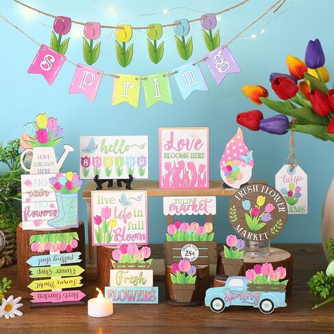 36 Pcs Easter Tiered Tray Decor Hello Spring Flower Gnome Truck Fresh Style Wooden Centerpiece Table Decor with LED String Pre Lift Lights Easter Wood Sign for Home Farmhouse Rustic Decoration in Saudi Arabia