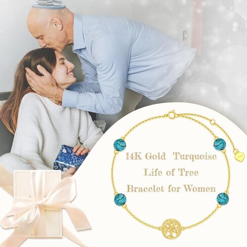 SISGEM 14K Real Gold Tree of Life Bracelet for Women,Yellow Gold Created Turquoise Beads Station Bracelets Hand Link Jewelry Anniversary Birthday Gifts for Wife Girlfriend 6.5''+2'' in Saudi Arabia