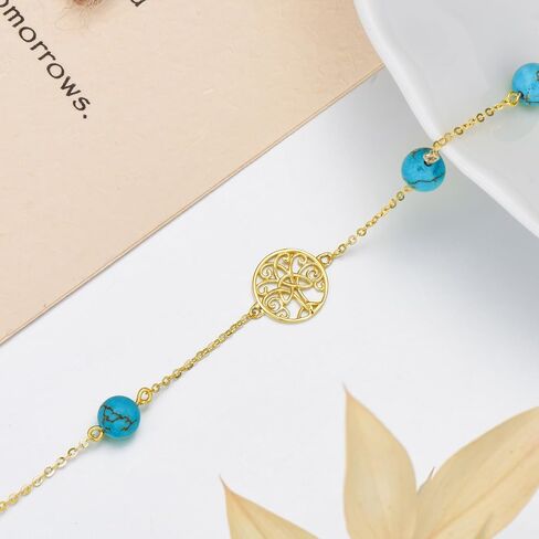 SISGEM 14K Real Gold Tree of Life Bracelet for Women,Yellow Gold Created Turquoise Beads Station Bracelets Hand Link Jewelry Anniversary Birthday Gifts for Wife Girlfriend 6.5''+2'' in Saudi Arabia