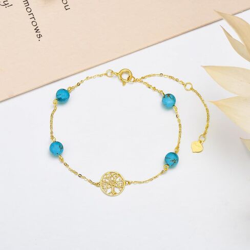SISGEM 14K Real Gold Tree of Life Bracelet for Women,Yellow Gold Created Turquoise Beads Station Bracelets Hand Link Jewelry Anniversary Birthday Gifts for Wife Girlfriend 6.5''+2'' in Saudi Arabia