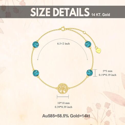SISGEM 14K Real Gold Tree of Life Bracelet for Women,Yellow Gold Created Turquoise Beads Station Bracelets Hand Link Jewelry Anniversary Birthday Gifts for Wife Girlfriend 6.5''+2'' in Saudi Arabia