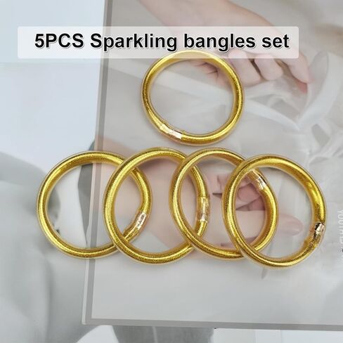 مجموعة أساور سيليكون هلامية ناعمة مملوءة بالجليتر من 5 قطع من YBMYCM، أساور عصرية لامعة كهدية للنساء والفتيات in Kuwait