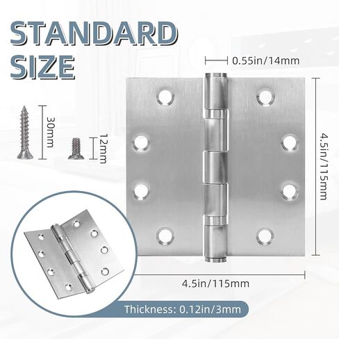 4.5" Heavy Duty Stainless Steel Door Hinge, 3 Pack 4.5 x 4.5 Inch Ball Bearing Door Hinges with Square Corners for Commercial and Residential Doors, Brushed Nickel in Saudi Arabia