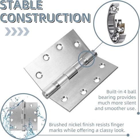 4.5" Heavy Duty Stainless Steel Door Hinge, 3 Pack 4.5 x 4.5 Inch Ball Bearing Door Hinges with Square Corners for Commercial and Residential Doors, Brushed Nickel in Saudi Arabia
