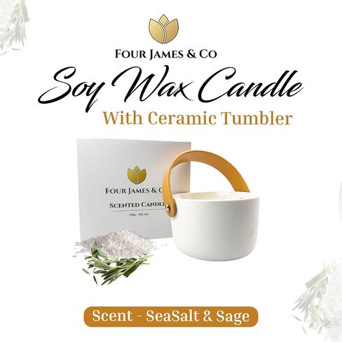 Four James & CO Luxurious Eco-Friendly Soy Wax 6oz Candle with Exquisite Ceramic Artistry (Sea Salt & Sage) in Saudi Arabia