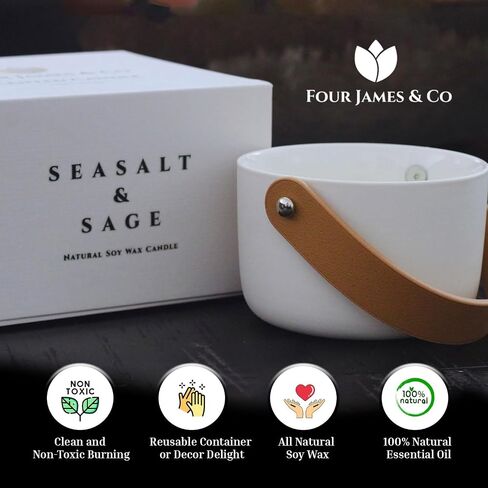 Four James & CO Luxurious Eco-Friendly Soy Wax 6oz Candle with Exquisite Ceramic Artistry (Sea Salt & Sage) in Saudi Arabia