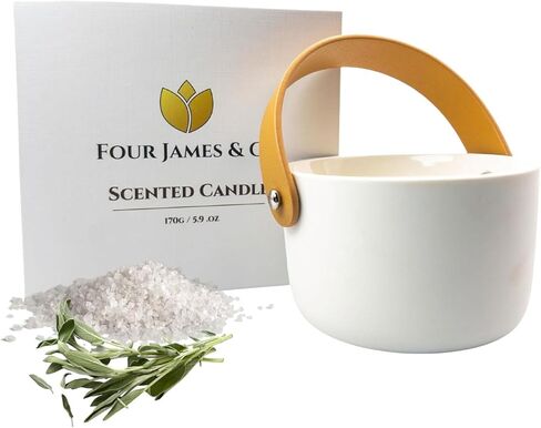 Four James & CO Luxurious Eco-Friendly Soy Wax 6oz Candle with Exquisite Ceramic Artistry (Sea Salt & Sage) in Saudi Arabia