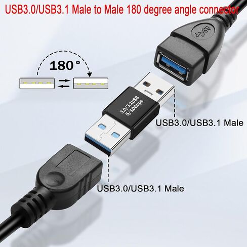 QIANRENON USB3.0 ذكر إلى ذكر 180 درجة محول موسع 5 جيجابت في الثانية USB3.0 USB3.1 Gen1 قابس لتوصيل البيانات وشحن موصل زاوية عكسي 5V/3A، Al Shell، لتمديد USB PC الكمبيوتر المحمول والكمبيوتر اللوحي، قطعتان in Saudi Arabia