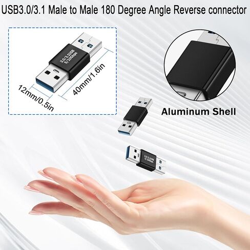 QIANRENON USB3.0 ذكر إلى ذكر 180 درجة محول موسع 5 جيجابت في الثانية USB3.0 USB3.1 Gen1 قابس لتوصيل البيانات وشحن موصل زاوية عكسي 5V/3A، Al Shell، لتمديد USB PC الكمبيوتر المحمول والكمبيوتر اللوحي، قطعتان in Saudi Arabia