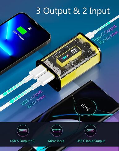 Portable Charger Power Bank 10000mAh, See-Through 22.5W PD Fast Charging USB C Battery Pack Charger, External Phone Charge with LED Display for iPhone Android Samsung iPad AirPods etc in Saudi Arabia