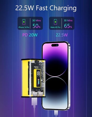 Portable Charger Power Bank 10000mAh, See-Through 22.5W PD Fast Charging USB C Battery Pack Charger, External Phone Charge with LED Display for iPhone Android Samsung iPad AirPods etc in Saudi Arabia