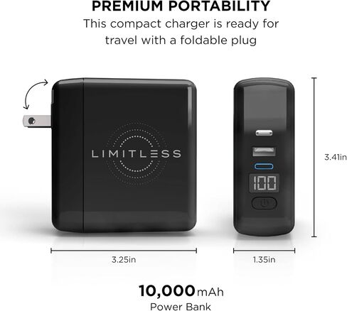 Limitless PowerPro Go 10,000mAh Power Bank 3-in-1 Wall Charger with Type-C Power Delivery, USB-A, & Qi Wireless Charging, Digital Display & Fast Charging for iPhone Android, Samsung (Black) in Saudi Arabia
