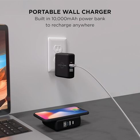 Limitless PowerPro Go 10,000mAh Power Bank 3-in-1 Wall Charger with Type-C Power Delivery, USB-A, & Qi Wireless Charging, Digital Display & Fast Charging for iPhone Android, Samsung (Black) in Saudi Arabia