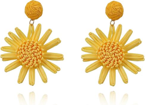 Boho Raffia Rattan Straw Woven Flower Handmade Sunflower Drop Dangle Earrings for Women Girls Beach Jewelry in Saudi Arabia