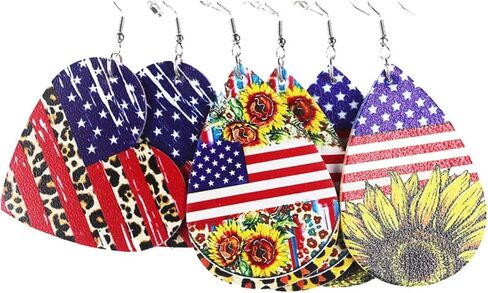 3 Pairs Colorful Independence Day Leather Dangle Earrings Set Dainty Star Sunflower Love Eagle USA Print Earrings for Women Girls Jewelry in Saudi Arabia