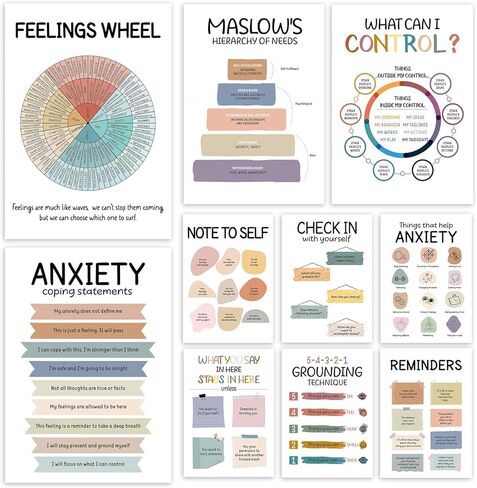 ملصقات مخطط مشاعر الصحة العقلية - 10 قطع من الرسوم البيانية لمهارات التعامل مع المشاعر للمنزل والمكتب وزاوية التهدئة التي يجب اقتناؤها لتزيين الحائط، وهدايا علم النفس للمعالج ومستشار المدرسة والأخصائي الاجتماعي in Kuwait