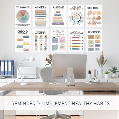 ملصقات مخطط مشاعر الصحة العقلية - 10 قطع من الرسوم البيانية لمهارات التعامل مع المشاعر للمنزل والمكتب وزاوية التهدئة التي يجب اقتناؤها لتزيين الحائط، وهدايا علم النفس للمعالج ومستشار المدرسة والأخصائي الاجتماعي in Kuwait