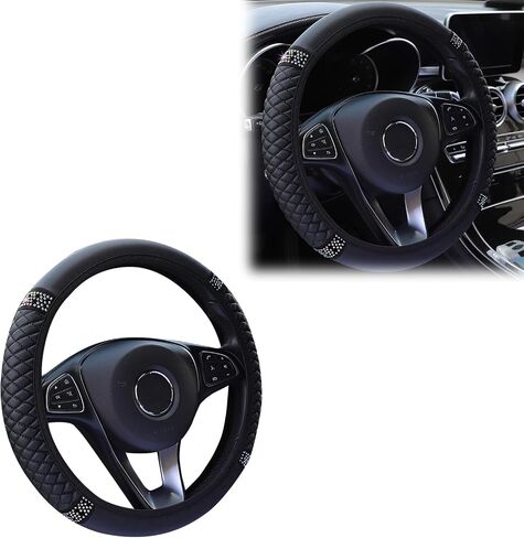 1 PC Bling Car Steering Wheel Cover, Rhinestone-Encrusted Leather Elastic Protective Cover Without Inner Ring, Universal Automotive Decorative Accessory, Suitable for Most Models (Black) in Saudi Arabia