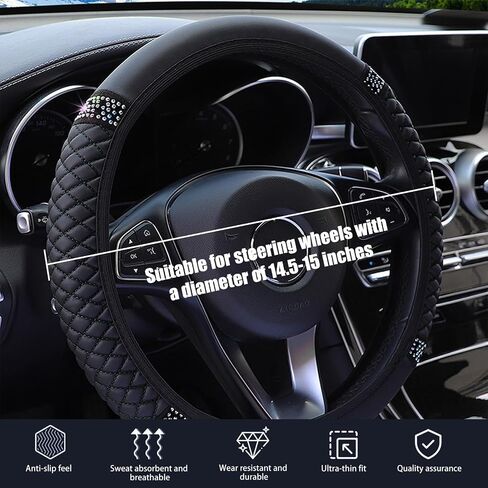1 PC Bling Car Steering Wheel Cover, Rhinestone-Encrusted Leather Elastic Protective Cover Without Inner Ring, Universal Automotive Decorative Accessory, Suitable for Most Models (Black) in Saudi Arabia