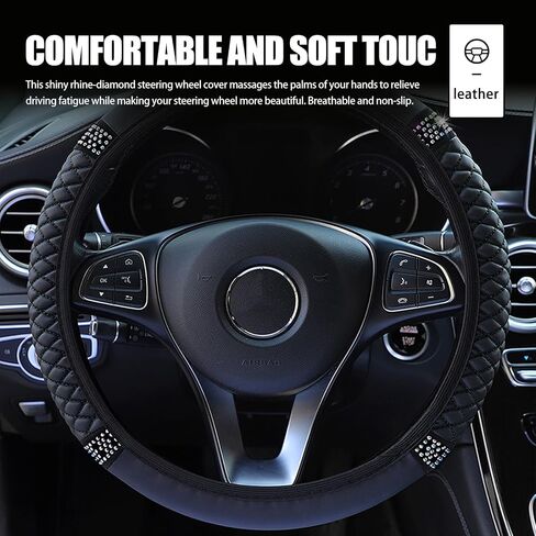 1 PC Bling Car Steering Wheel Cover, Rhinestone-Encrusted Leather Elastic Protective Cover Without Inner Ring, Universal Automotive Decorative Accessory, Suitable for Most Models (Black) in Saudi Arabia