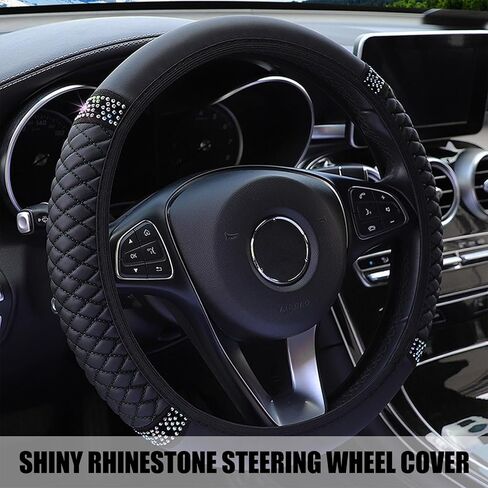 1 PC Bling Car Steering Wheel Cover, Rhinestone-Encrusted Leather Elastic Protective Cover Without Inner Ring, Universal Automotive Decorative Accessory, Suitable for Most Models (Black) in Saudi Arabia