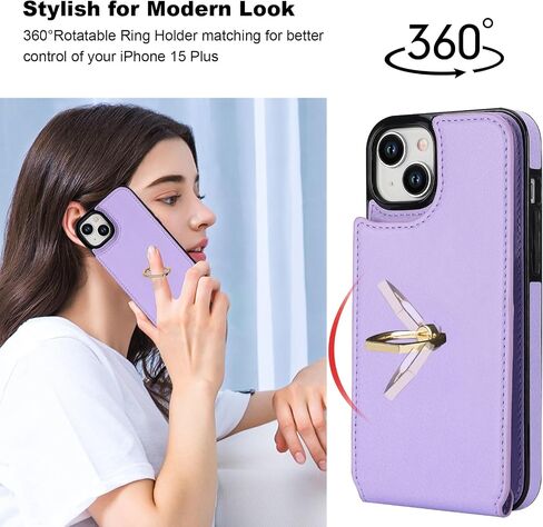 Folosu Compatible with iPhone 15 Plus Case Wallet with Card Holder, 360°Rotation Finger Ring Holder Kickstand, RFID Blocking Leather Protective Double Buttons Shockproof Cover 6.7 Inch Rose Gold in Saudi Arabia