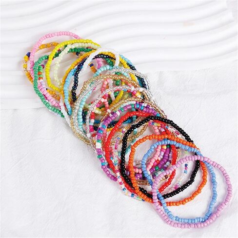 17Pcs Bohemian Stackable Beaded Bracelets Elastic Beaded Bracelets Handmade Bohemian Multilayer Stackable Seed Beaded Bracelets Jewelry for Women Girls in Saudi Arabia